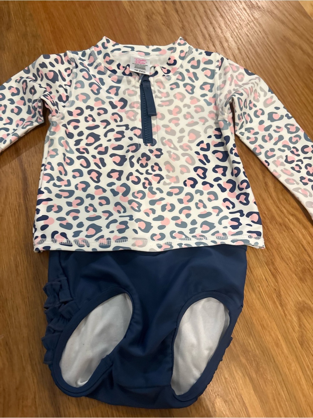 Ruffle Butts Navy, Pink & White Leopard Print Rashguard Two-Piece Swim Set
